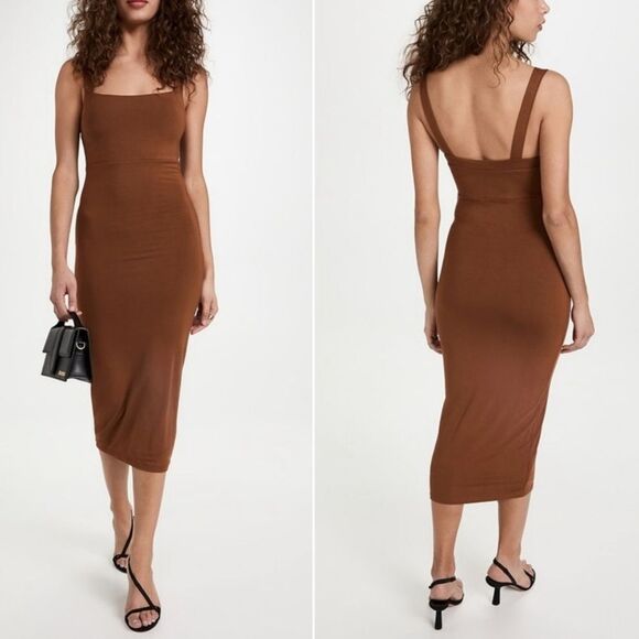 Good American 90s Tank Dress – Rust Brown Smooth Bodycon Midi, Size L - Picture 1 of 8